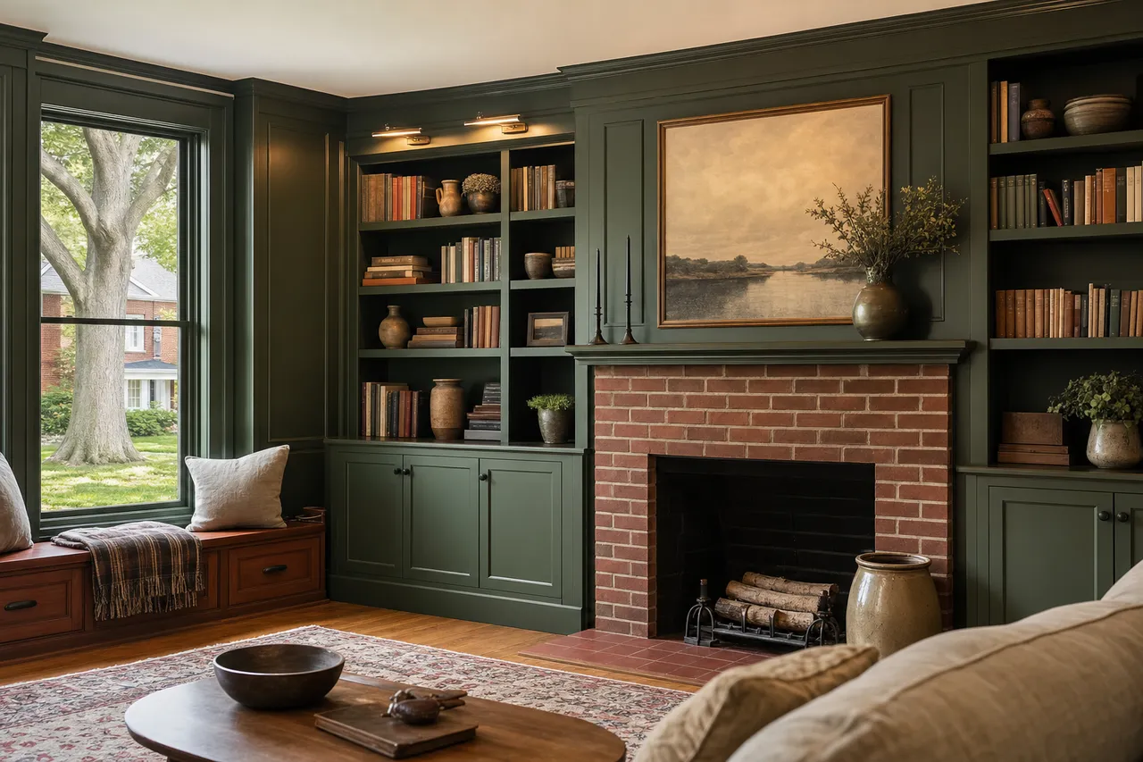 Deep green built-in bookcases and base cabinets flanking a brick fireplace, with a cherry window seat under a tall window and an old sycamore outside