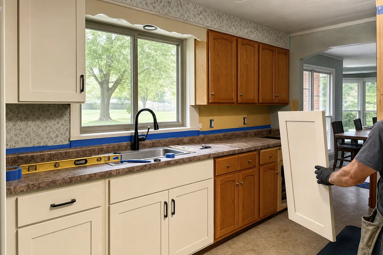 Brick-ranch kitchen mid-refacing: new white shaker doors on one run, the dated honey-oak cathedral doors still on the next, a level and blue tape on the counter