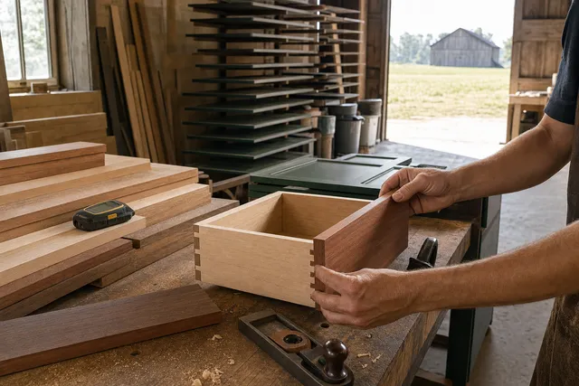 Cabinetmaker fitting a cherry drawer front to a dovetailed drawer box, stacks of rough cherry and oak boards and a moisture meter on the bench, a barn out the shop door