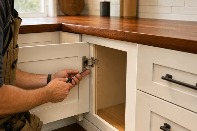 Cabinetmaker adjusting a concealed hinge on a warm-white shaker door beside a cherry countertop