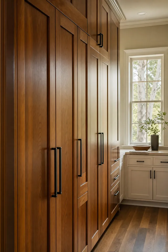Tall grain-matched cherry pantry doors with black pulls beside a painted counter run, morning light through a double-hung window