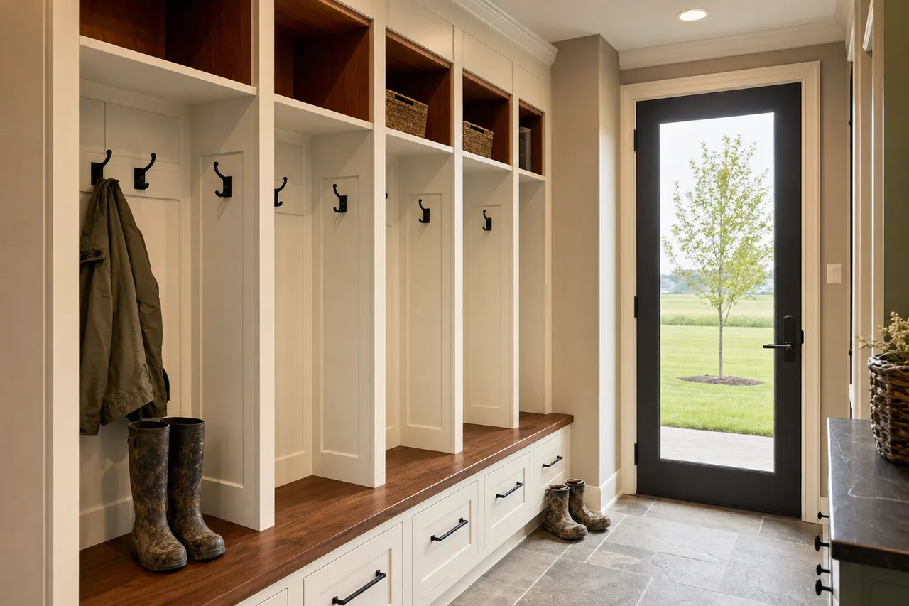 Wall of white mudroom lockers with open cubbies, black hooks, a cherry bench with drawers, and muddy boots on the tile floor