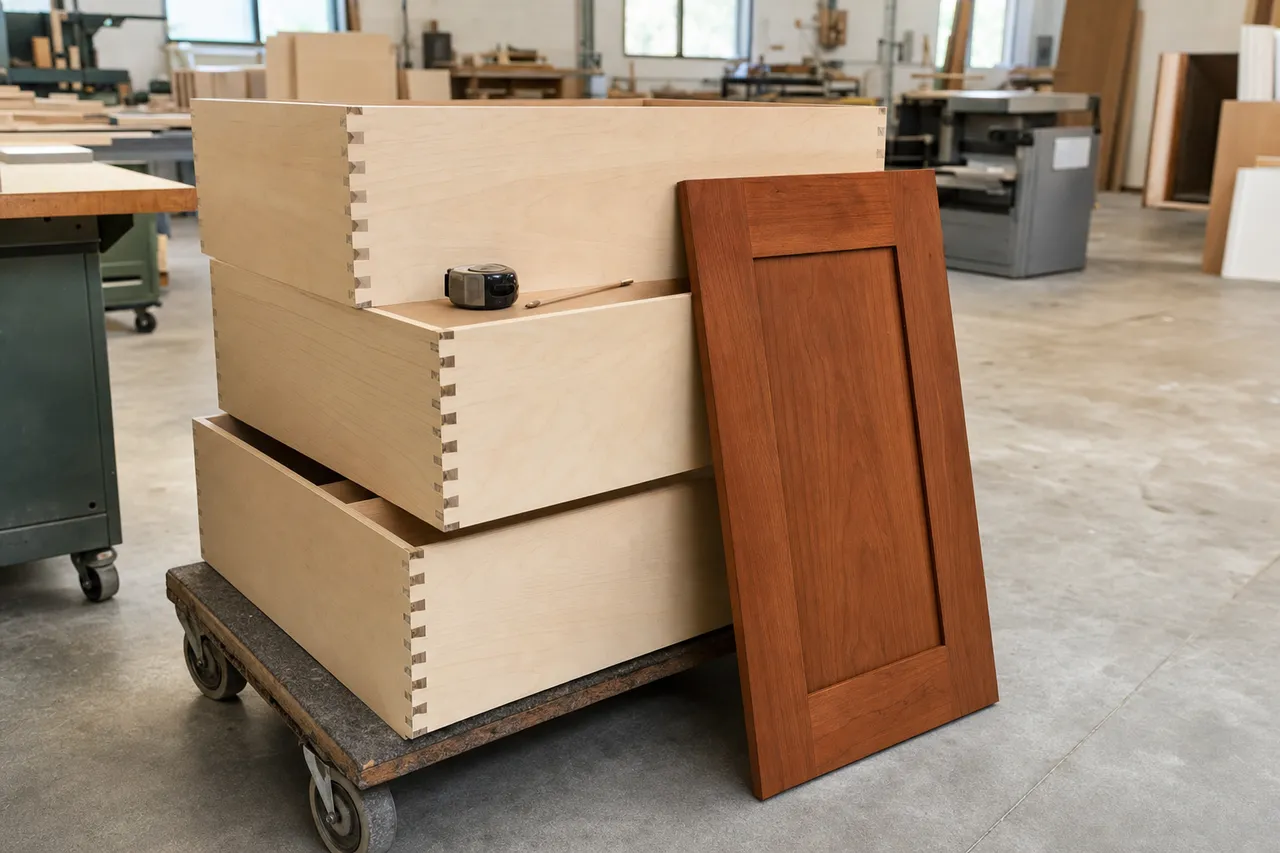 Stack of unfinished dovetailed plywood cabinet boxes on a shop dolly beside a finished cherry shaker door